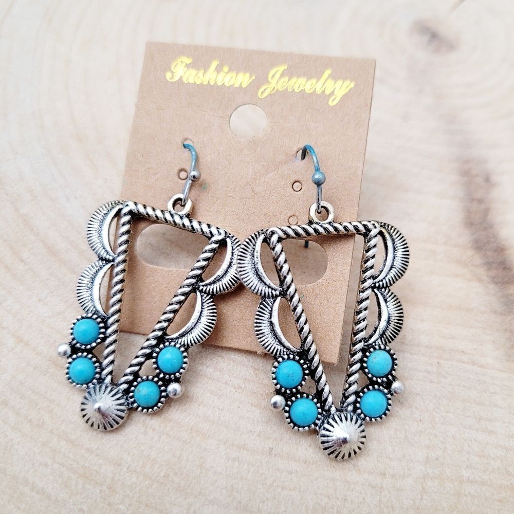 2/$20 Brand New Bohemian Turquoise Blue Triangle Silver Earrings